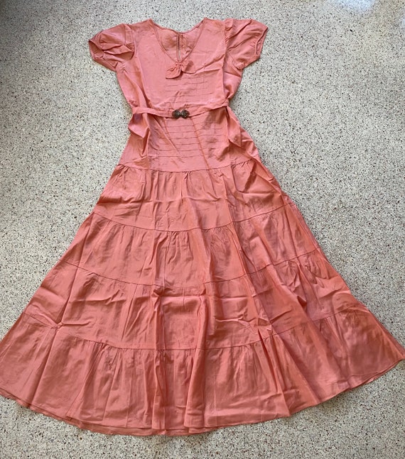 Vtg 1930’s antique pretty peach pink taffeta prin… - image 1