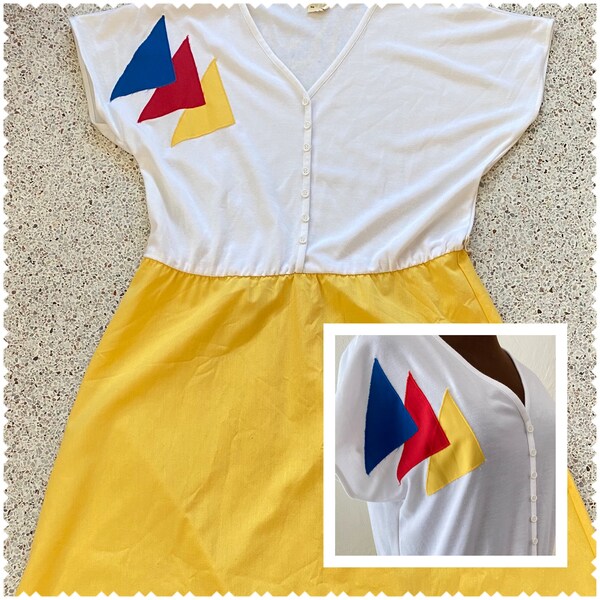 Vintage 70’s plus size cotton poly geometric triangle primary color yellow skirt dress 10 1X 2X retro mod Volup