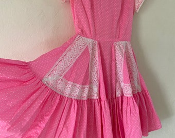 Vintage 60’s bubblegum pink Swiss dot lace trim Lolita circle skirt square dance pretty baby doll dress loli M L pin up kawaii
