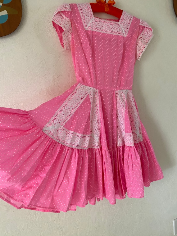 Vintage 60’s bubblegum pink Swiss dot lace trim L… - image 1