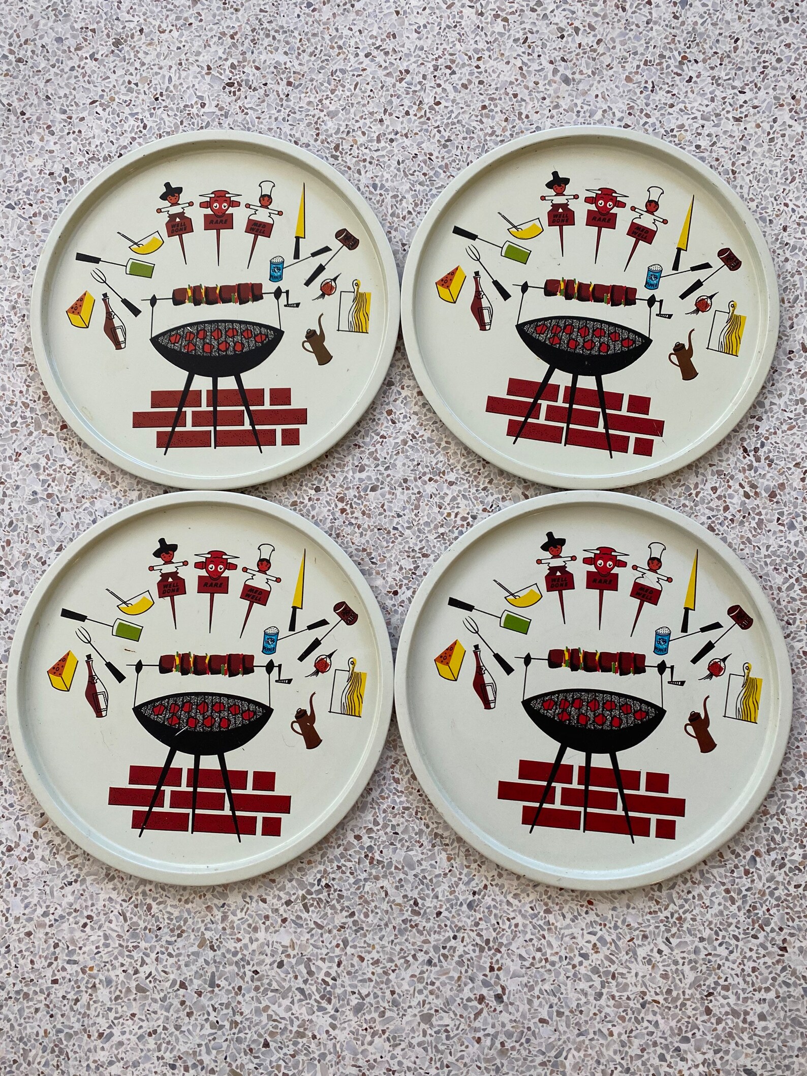 Vintage 50s Set of 4 Metal Enamel BBQ Serving Plates Trays Kitschy Mid