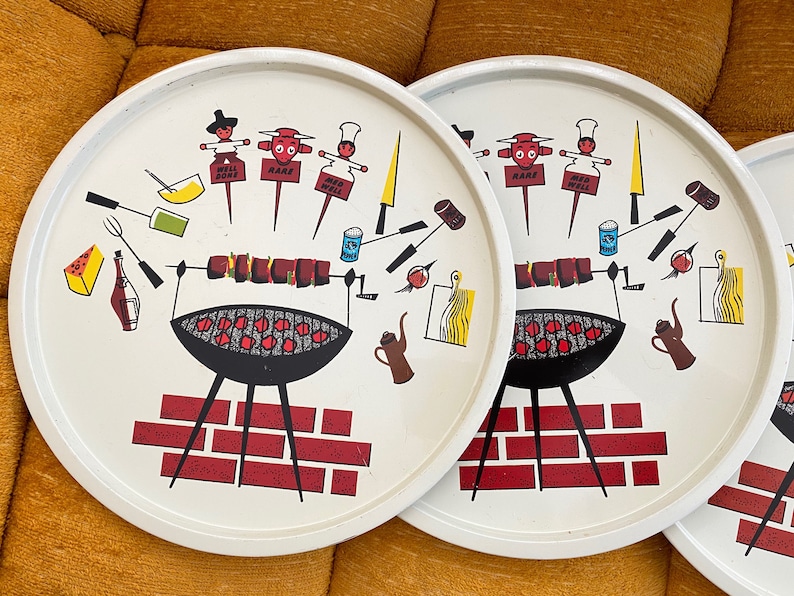 Vintage 50s Set of 4 Metal Enamel BBQ Serving Plates Trays Kitschy Mid