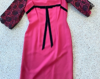Vintage 60’s pink and black lace party cocktail shift dress MCM glam mod 36-28-38 mad men Susan Lynn of CA wiggle mini
