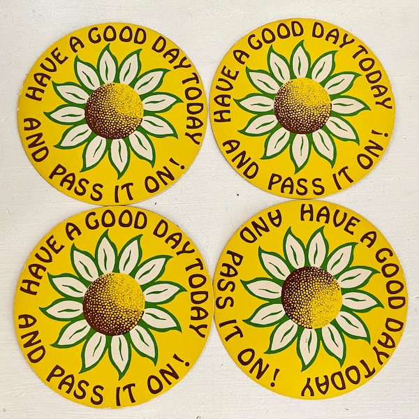 Vintage 60’s set of 4 unused daisy sunflower flower power 3” circular stickers have a good day pass it on