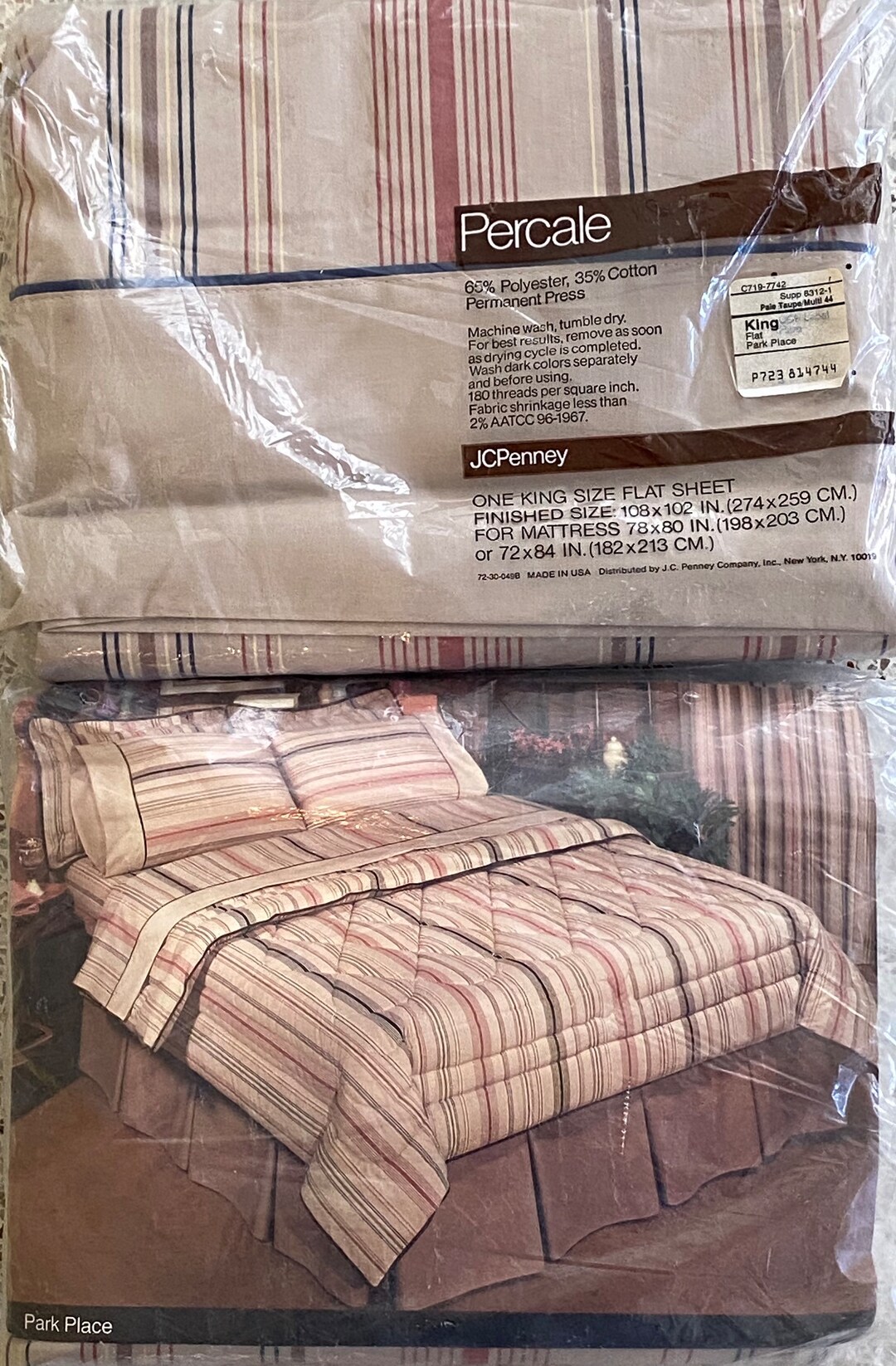 Vtg 80s Pair JC Penney Percale Park Place Taupe Striped King Sheet Set