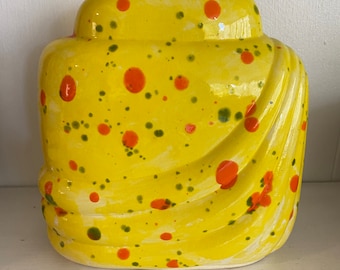 Vintage 60’s mod yellow and orange speckle spotted paint deco 7.5” ceramic vase boho mid century modern speckled pottery