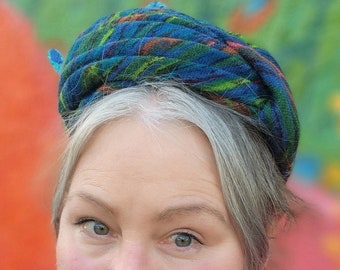 Vintage 50’s Blue pillbox turban multi color hat MCM mod retro glam pin up Lily Street Miami Beach