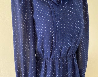 Vintage 70’s-80’s sheer blue swiss polka dot print long sleeve ruffled neck elastic waist dress mod 38-24-46 disco medium