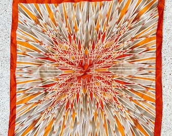 Vintage 50’s/60’s orange geometric op art poly square scarf marked ME mod retro glam silky pin up MCM
