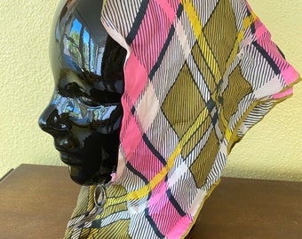 Vintage 50’s pink golden plaid zipper scarf mod retro glam neck head cowl neckerchief pin up hair cover