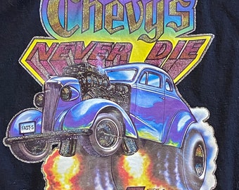 Vintage 70’s glitter Chevy black novelty transfer single stitch short sleeve t shirt M L 36 spruce xl sparkle hot rod gearhead Chevrolet