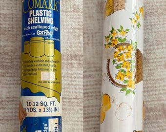 Vintage 60’s NOS comark plastic yellow brown floral tea chicken kitschy kitchen shelf liner roll boho decor Con-Tact scalloped mcm country