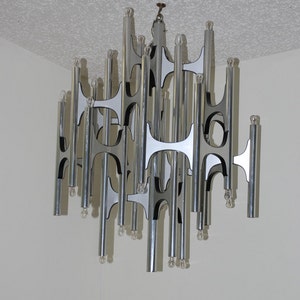 Reserve for Lucie vtg 70’s 36 Light Gaetano Sciolari Brutalist Chandelier chrome black LIGHTOLIER MCM Light Lamp Designer mod