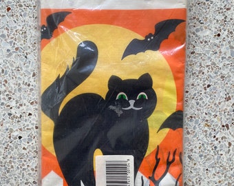 Vintage 1980’s NOS Halloween cute spooky kitty cat on fence with moon and bats sealed crepe paper tablecloth retro dead stock decor