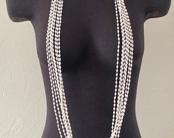 Vintage 60’s mod white resin plastic geometric 8 multi strand beaded XL necklace 25” long MCM gogo flapper glam boho