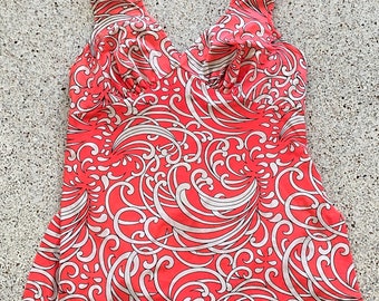 Vintage 60’s plus size coral mod op art swim dress 40-34-39 44-40-46 2X retro swimsuit bathing suit one piece swimwear 42