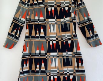Vintage 60’s geometric poly knit 3/4 sleeve dress MCM mod 39-38-41 L bold bright mad men orange triangle wiggle shift Sears