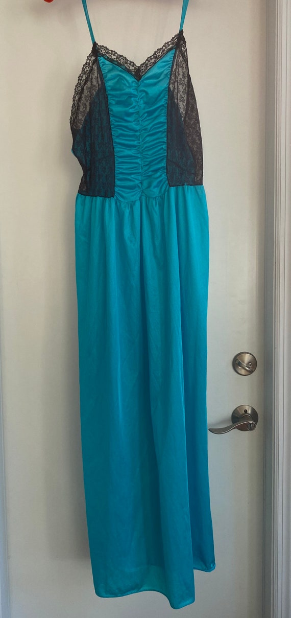 Vtg 70’s plus size pin up maxi turquoise black la… - image 3