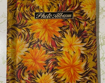 Vtg 70’s floral photo album 10 x 12 orange yellow flower power collectible book op art mod peel and stick boho cloth fabric cover photograph