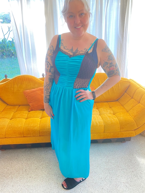 Vtg 70’s plus size pin up maxi turquoise black la… - image 8