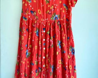 Vintage 90’s red rayon butterfly print dress short sleeve Bila size L 46-38-64 boho Blossom y2k pullover flowy India
