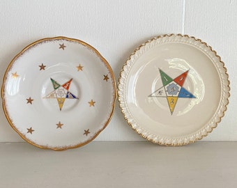 Vintage 60’s 2 OES Masonic lodge mismatched teacup plates gold mod pentagram order of the eastern star saucers occult English bone china