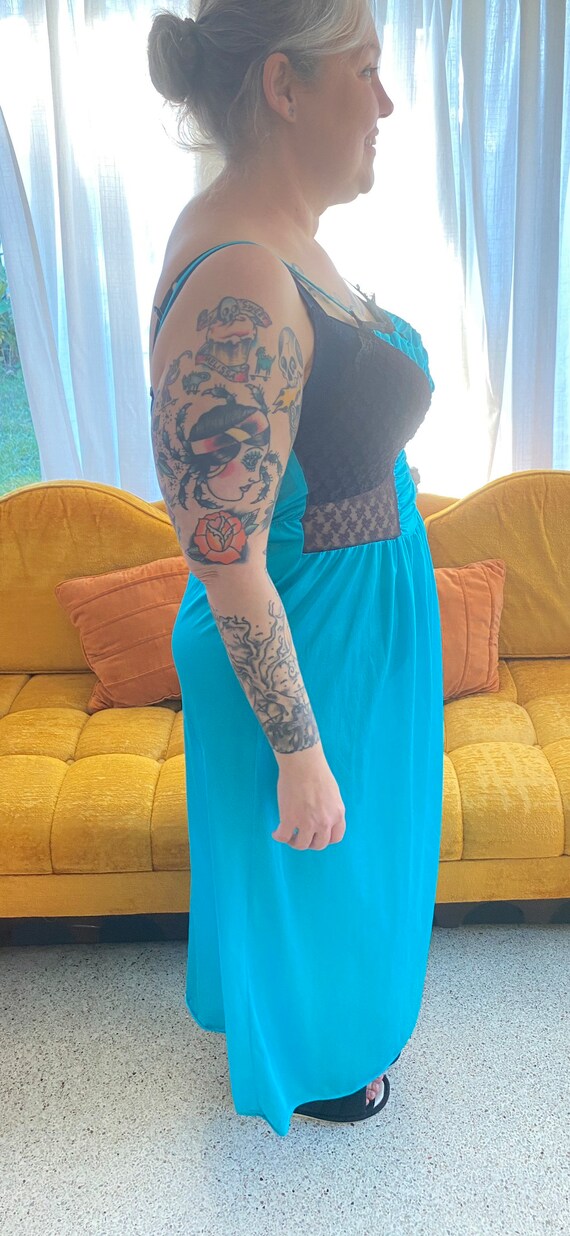 Vtg 70’s plus size pin up maxi turquoise black la… - image 7