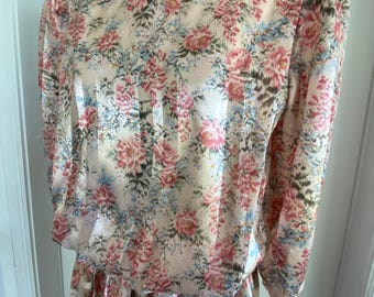 Vintage 70’s 80 sheer pink floral silky satin dress pleated skirt secretary preppy elastic waist blouse top office pin up 38-26-50 M/L 12