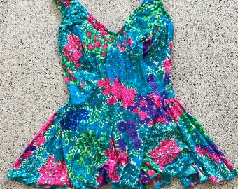 Vintage 70’s/80’s plus size day glo floral swim dress 36-20-28 48-46-53 1X 2X 3X retro swimsuit bathing suit one piece dress