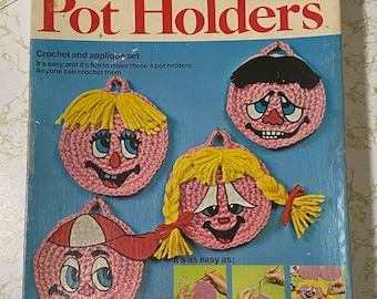 Vintage 70’s funny face crochet craft kit pot holder boho retro decor Milton Bradley decor kid’s novelty kitschy yarn