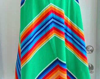 Vintage 70’s lime green rainbow cheveron stripe a line skirt S 26” 13/14 polyester mod boho disco folk