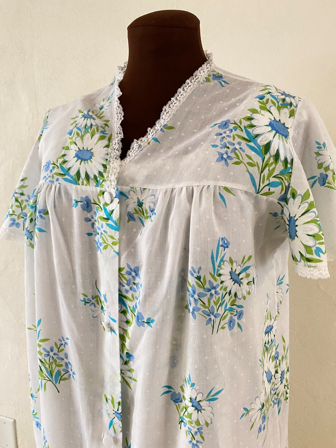 Vintage 50s Plus Size Cotton Nightgown Robe Peignoir Set Nighty Daisy Floral Swiss Dot L XXL 2X