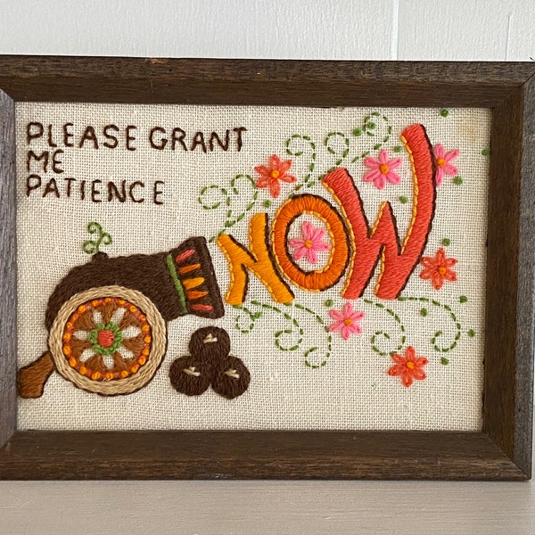 Vintage 70’s crewel mod flower power cannon grant me patience now cannon hippie boho wall art