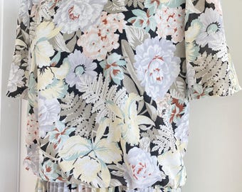 Vintage 70’s sheer floral silky poly short sleeve dress pleated skirt secretary disco elastic waist blouse top office pin up 38-26-58 M/L