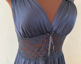Vintage 70s Black Lace Trim Nightgown, Plus Size L-2X