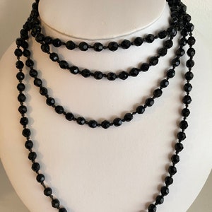 Vintage 60’s mod black glass bead XL 30” long beaded necklace made in Spain flapper deco costume jewelry