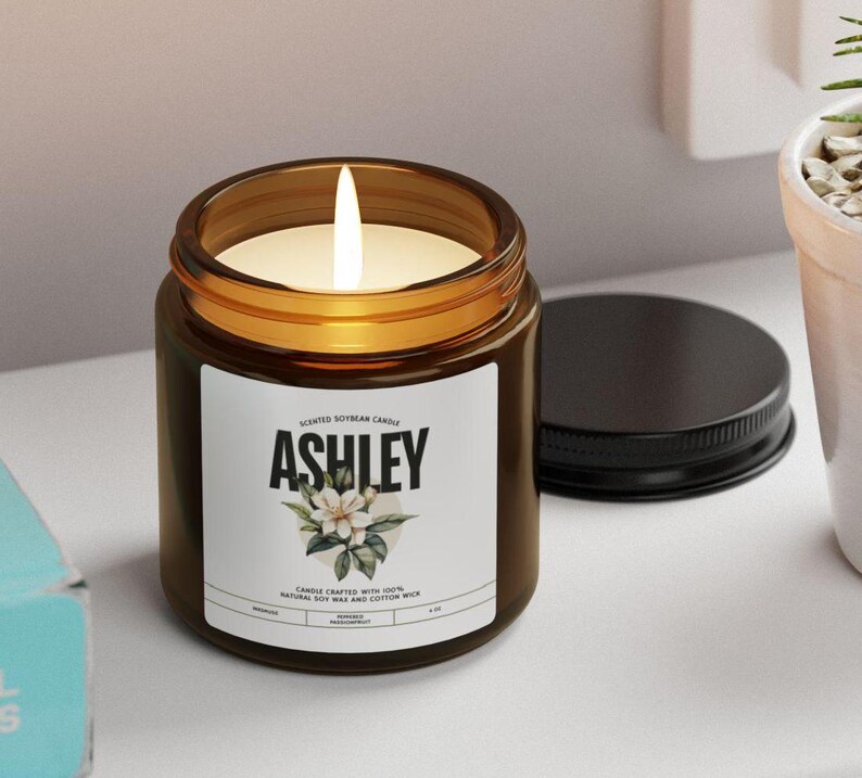 Custom Name Candle With Flower, Custom Amber Glass Candle, Custom BFF