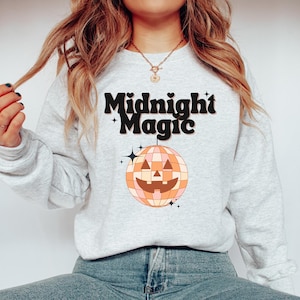 Pumpkin Disco Ball Sweatshirt, midnight magic crewneck, retro disco ball sweater, fun disco pumpkin, halloween disco ball pumpkin sweatshirt