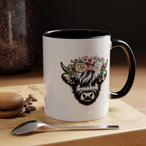 Highland Cow Flower Crown Mug: Farmhouse Kitchen Decor