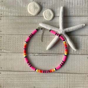 Sunset Pink Polymer Clay Heishi Necklace, Bohemian Beach Vibe