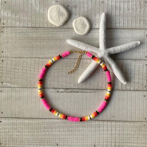 Sunset Pink Heishi Choker, Boho Clay Polymer Necklace