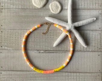 Yellow and Orange Heishi Bead Choker, Bohemian Surfer Necklace