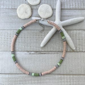 Tan, olive green and sea green heishi beaded surfer choker necklace, Bohemian Clay Polymer Necklace, Gift for her/him, Gift for boyfriend