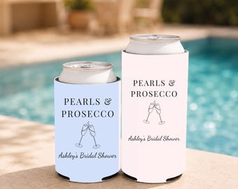 Lembrancinha para Chá de Panela com Pérolas e Prosecco: Porta-latas personalizado