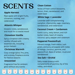 May include: A teal graphic lists candle scents, including Apple Harvest, Cinnamon Vanilla, and Clean Cotton. Descriptions detail fragrance notes like cinnamon, vanilla, and fresh cotton blossoms. The word "SCENTS" is at the top.