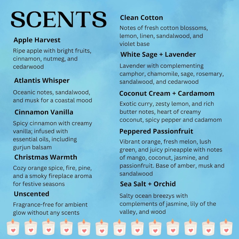May include: A teal graphic lists candle scents, including Apple Harvest, Cinnamon Vanilla, and Clean Cotton. Descriptions detail fragrance notes like cinnamon, vanilla, and fresh cotton blossoms. The word "SCENTS" is at the top.
