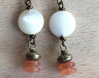 E533 Brass and Shell Dangle Earrings