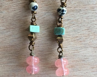 E522 Turquoise and Pink Dangle Earrings