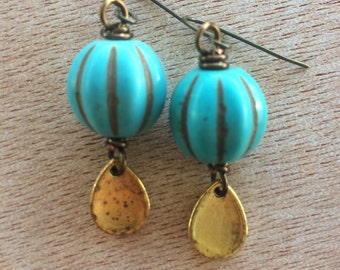 E503 Turquoise and Gold Dangle Earrings