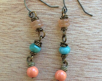 E481 Coral and Turquoise Earrings